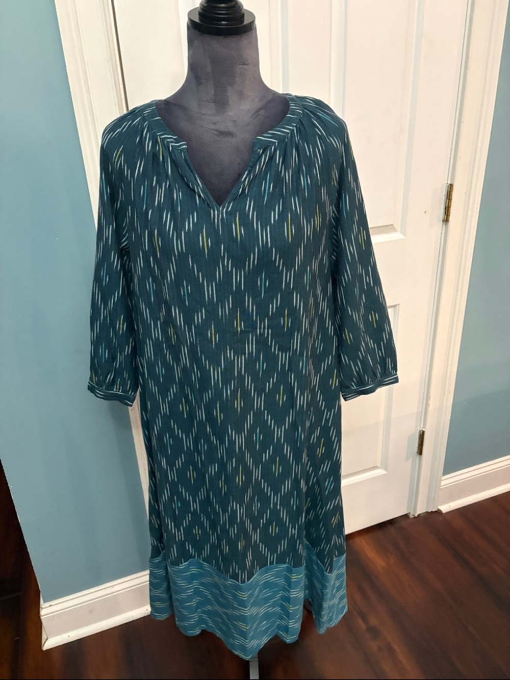 Pure Jill Teal Patterned Dress with Contrast Hem
